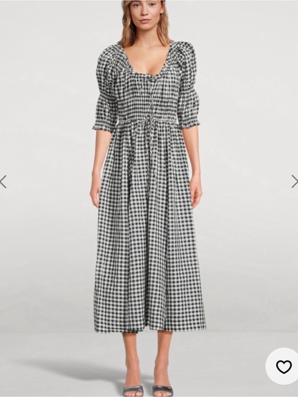 Doen Black and White Gingham Midi Dress with Puff Sleeves